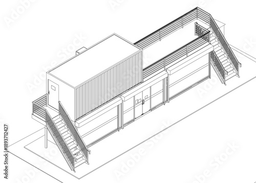 Black and white architectural drawing of building exterior with a metal staircase winding up its wooden side. Structure features a sloped roof and resembles a geometric container store. Isometric view