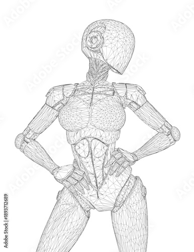 A 3D wireframe model of a robotic girl stands confidently with hands on hips. The detailed figure is isolated on a clean white background for a modern tech aesthetic.