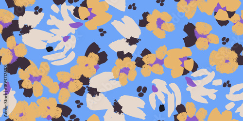 Abstract floral pattern with expressive hand-drawn shapes and bold color contrast. Modern artistic background for textiles, fashion, branding and digital design