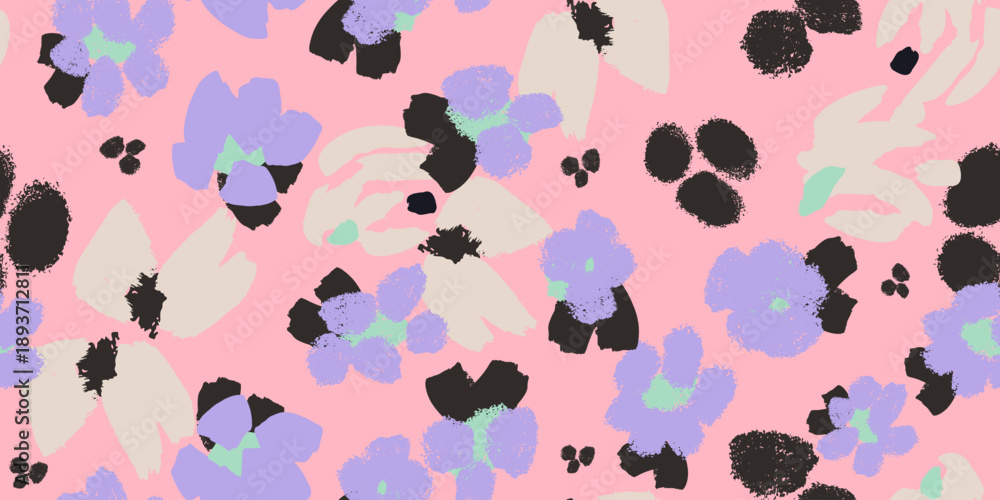 Obraz premium Abstract floral pattern with expressive hand-drawn shapes and bold color contrast. Modern artistic background for textiles, fashion, branding and digital design