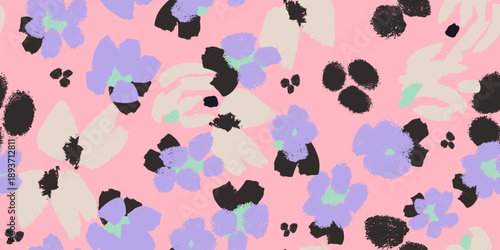 Abstract floral pattern with expressive hand-drawn shapes and bold color contrast. Modern artistic background for textiles, fashion, branding and digital design