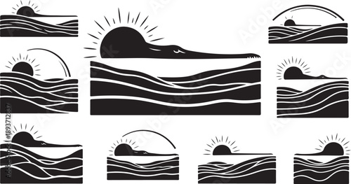 Black and white sunrise over wavy ocean landscape set