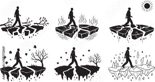 Man walking on fragmented land with various environmental conditions