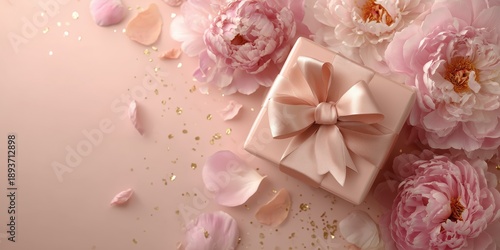 Soft pink flat lay with flowers and present, ideal for International Women’s Day promotions and romantic branding