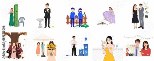 A collection of awkward, stressful, and disappointing moments from weddings, formal events, and parties, highlighting common mishaps and emotional struggles.