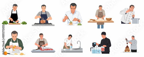 Diverse cooking activities: Chef preparation, baking, sous vide, meat cutting, plating, and dessert creation.