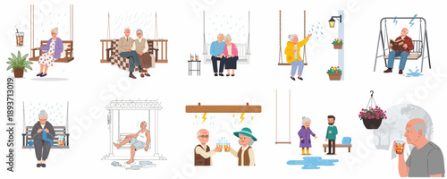 Senior Life on the Porch Swing: Illustrations of Elderly People Relaxing, Reading, Knitting, and Dealing with Rain and Stormy Weather.