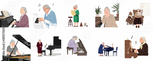 Collection of illustrations featuring senior women enjoying the piano, musical hobbies, and classical instruments, depicting retirement life and musical passions.