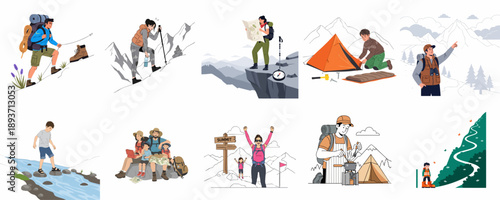 Hiking and Camping Adventure Illustration Set: People Enjoying Mountain Trekking, Navigation, and Outdoor Activities.