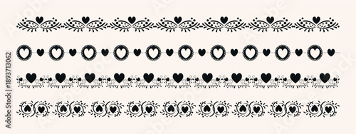 Black lace heart border set. Vector seamless decorative trim with floral embroidery, crochet patterns, and hearts, symbolizing Valentine wedding decoration, romantic design and vintage divider.