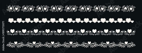 Heart lace ribbon collection. Vector white horizontal borders with ornamental hearts and crochet patterns, symbolizing romantic separator and shabby chic decoration.