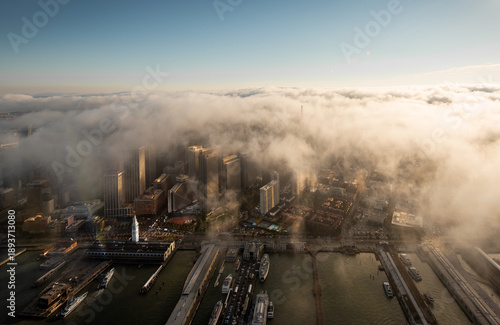 Obraz na plátne Aerial view of the San Francisco Ferry Building and Embarcadero waterfront at su