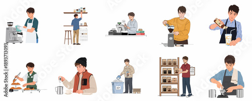 Barista work flow illustration set: making espresso, grinding beans, serving, cleaning equipment, inventory management, and customer service tasks in a cafe.