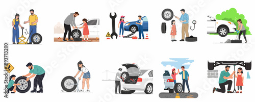People learning and performing car maintenance: changing flat tires, using jacks, checking pressure, and basic roadside assistance scenarios.