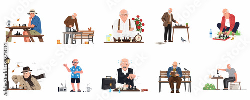 Senior lifestyle set: Elderly men enjoying chess, games, and park leisure, showcasing diverse retirement activities and emotions.