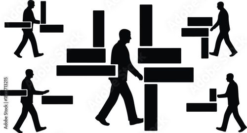 Silhouettes of people carrying and walking with rectangular blocks