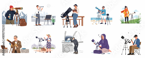 Diverse group of people enjoying astronomy and terrestrial viewing through telescopes, illustrating different settings, activities, hobbies, and professions.