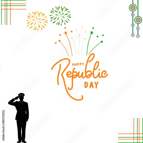 Happy Republic Day of India vector design featuring a soldier saluting and festive fireworks in saffron and green. Patriotic illustration for January 26th celebrations