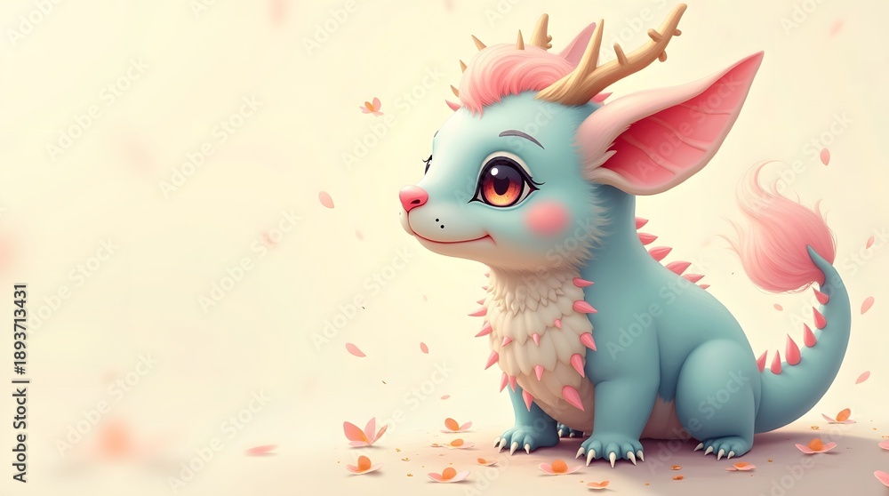Naklejka premium Cute blue fantasy creature with pink features and antlers, sitting amidst pink flower petals, radiating a whimsical charm.