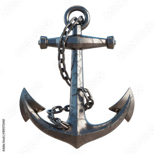 Metallic ship anchor with heavy chain maritime nautical