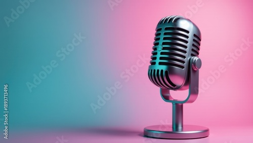 Retro microphone standing on pink blue background
