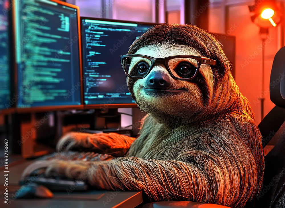 Fototapeta premium sloth wearing glasses, sitting in front of a computer on an office desk