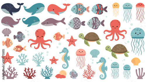 Large set of cute cartoon sea creatures including whales, octopuses, fish, and turtles for marine life themed children illustrations.