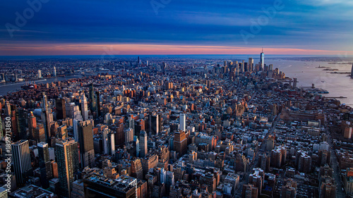 Lower Manhattan aerial panorama. Wide aerial panorama of Lower Manhattan and Financial District near sunset