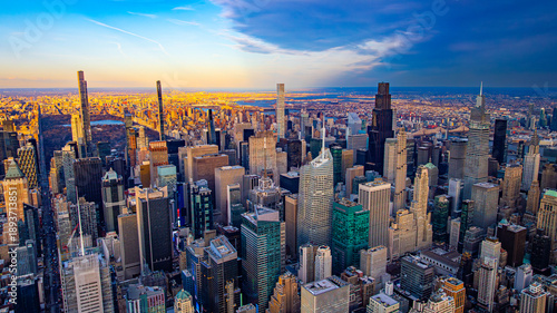 New York City skyline at sunset. Aerial panorama of New York City skyline during colorful sunset light