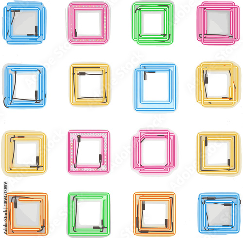 Create a kinds of deferent Neon square sign. Glowing color vector set realistic neon square. Shining led or halogen lamps frame banners vector art with white background..