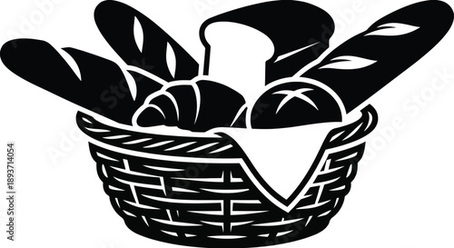 Bakery Bread Basket Silhouette Vector – Wicker Basket with Baguette Croissant Loaf