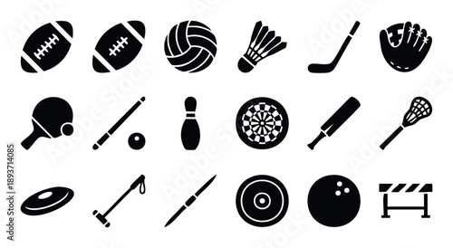 A comprehensive collection of diverse sports equipment icons perfect for athletic game applications, recreational activity advertisements, and fitness related graphic presentations.