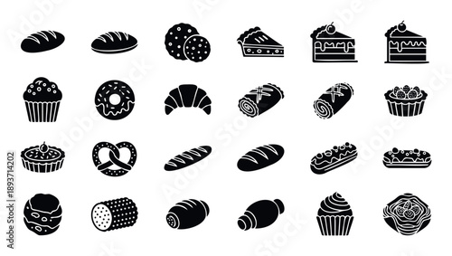 A comprehensive collection of bakery and pastry silhouette icons, perfect for foodrelated menus, applications, and web interfaces needing visual representations of sweet and savory baked
