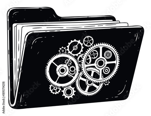 File folder icon displaying intricate clockwork gears representing complex information processes and structured operational systems ideal for data organization or engineering concepts