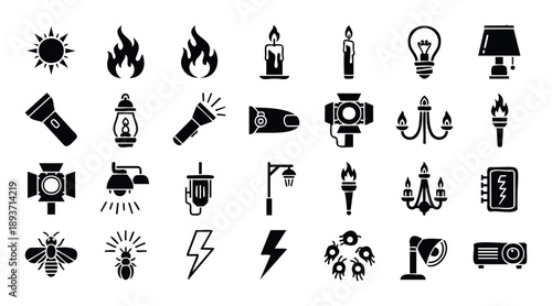A comprehensive collection of light source icons and illumination symbols perfect for graphic design projects educational materials or web interfaces