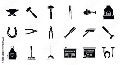 Blacksmith equipment glyph icons including an anvil, hammers, forge, horseshoe, and tongs representing traditional metalworking and workshop services for various commercial applications.