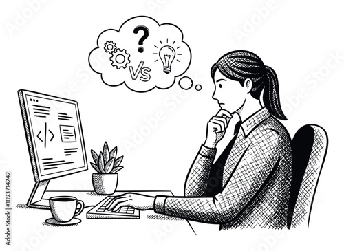 Thoughtful programmer sitting at a desk ponders a complex problem, weighing different ideas and solutions while working on a computer for software development projects.