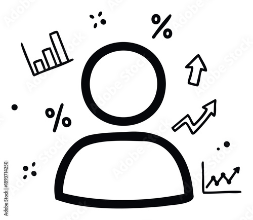 User profile icon surrounded by various business and financial data charts, arrows, and percentage symbols representing growth and analysis for marketing materials and business reports