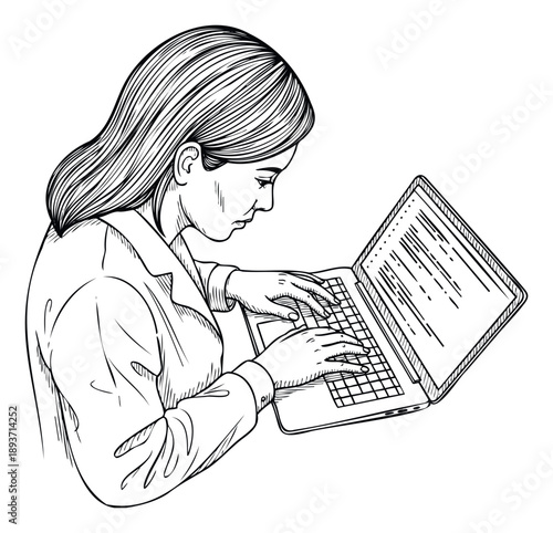 Young woman focused on her work, typing on a laptop computer, engaged in remote learning or professional tasks, useful for technology and business education concepts.