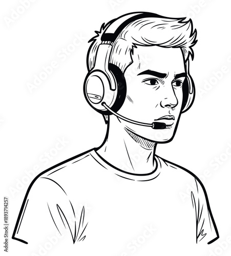 Focused young man wearing a headset with a microphone, ideal for depicting intense concentration and clear communication in gaming, online support, or digital learning scenarios