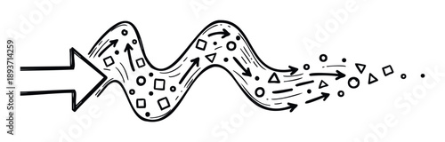 Hand drawn wavy path arrow with internal doodle shapes and directional pointers depicting a continuous process flow ideal for business strategy presentations and educational infographics