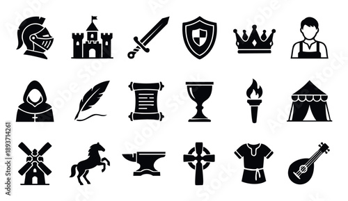 Comprehensive collection of black and white medieval period and fantasy icons perfect for historical themed presentations, game development, or educational material.