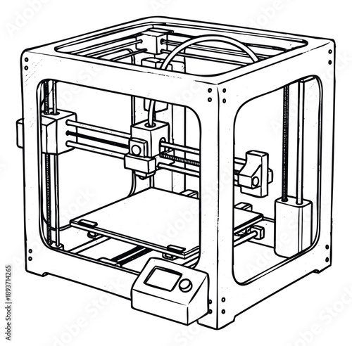 Detailed line drawing of a modern 3D printer illustrating the intricate components and processes of additive manufacturing for technological education and engineering showcases