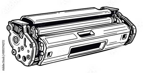 Black and white line drawing of a laser printer toner cartridge showing internal components for office technology and printing supplies inventory applications.