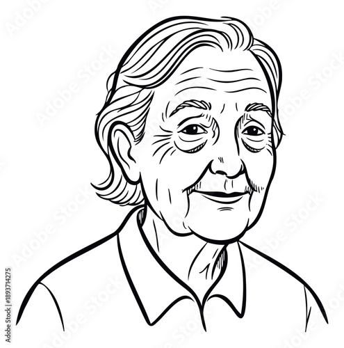 Detailed black and white line drawing portrait of a dignified senior woman with a gentle expression, ideal for various graphic resources, health awareness, and educational content.