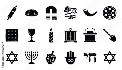Diverse array of essential Jewish religious artifacts and cultural emblems depicted as silhouettes, perfect for illustrating traditions and holidays in various media projects.