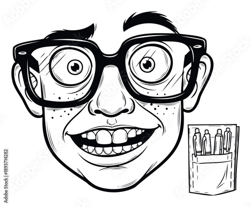 Smiling person with large eyeglasses and pocket protector represents a geeky character perfect for educational promotions or humorous content