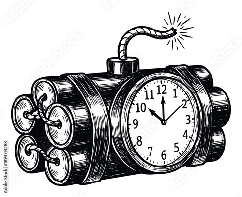 Hand drawn time bomb with a ticking clock and burning fuse depicting urgency and danger for explosive news announcements, countdowns, or critical deadlines.