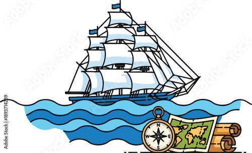 Vintage sailing ship navigates through wavy ocean with compass and map illustration