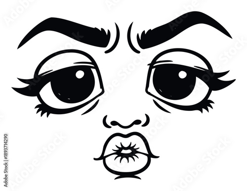 Pouting facial expression with furrowed brows and exaggerated eyelashes conveys frustration or mild annoyance, perfect for social media stickers or emotional communication graphics.
